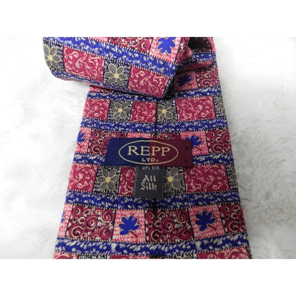 Men's Repp LTD Red Blue Floral Geometric Silk Necktie VTG - Picture 3 of 5